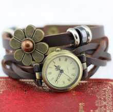 2014 New women vintage leather strap watches flower of drip bracelet women dress watch brown women wristwatch