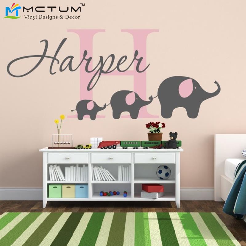 Elephant Wall Decal Custom Name Removable Nursery Wall Decals Vinyl Wall Stickers For Baby Kids Room Decoration Free Shipping