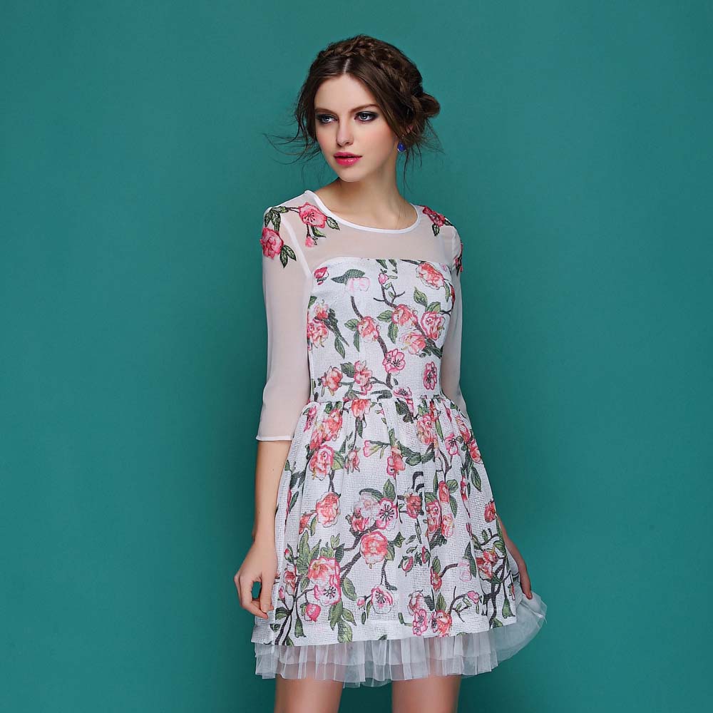 2014 autumn  gauze patchwork cutout embroidered one-piece dress women's expansion bottom princess dress evening dresses china