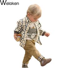 Spring Autumn 2016 Baby Boy Clothing Set Cartoon Print T-Shirt + Plaid Shirt +Pants 3pcs Children Clothing Kid Suit Set