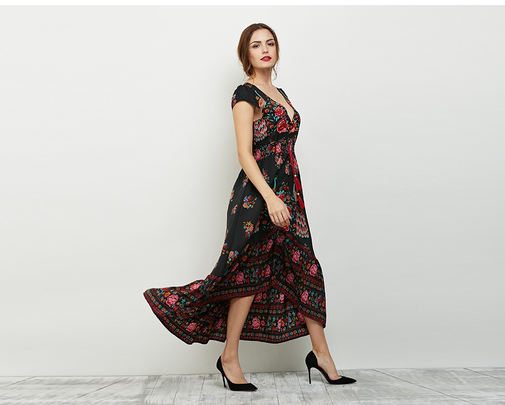 VESTLINDA Floral Print Maxi Dress Women Vintage A-Line Short Sleeve V Neck Empire Summer Sun Dresses Ankle Length Long Dress 15