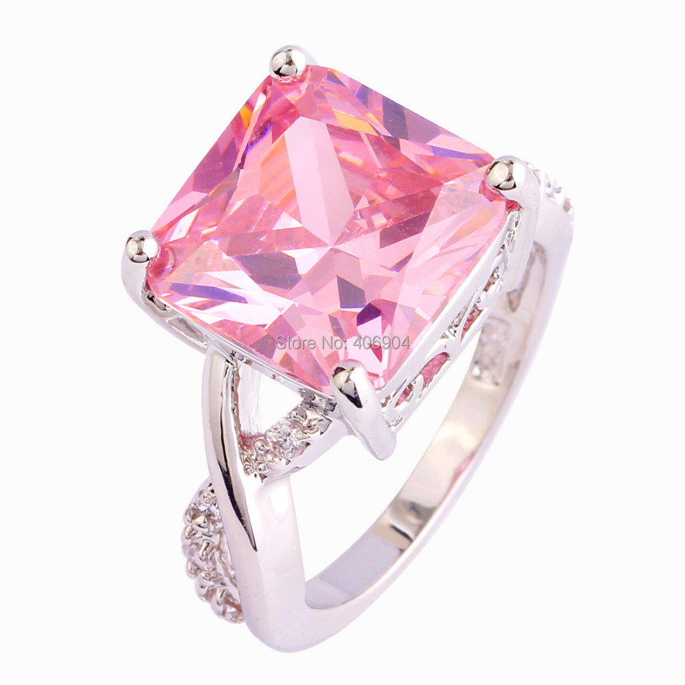 Wholesale Fashion Women Princess Cut Pink Sapphire White Topaz 925 Silver Ring Size 6 7 8