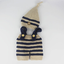 Newborn baby photography props infant knit crochet costume blue striped outfits elf hat pants outfits newborn baby beanie