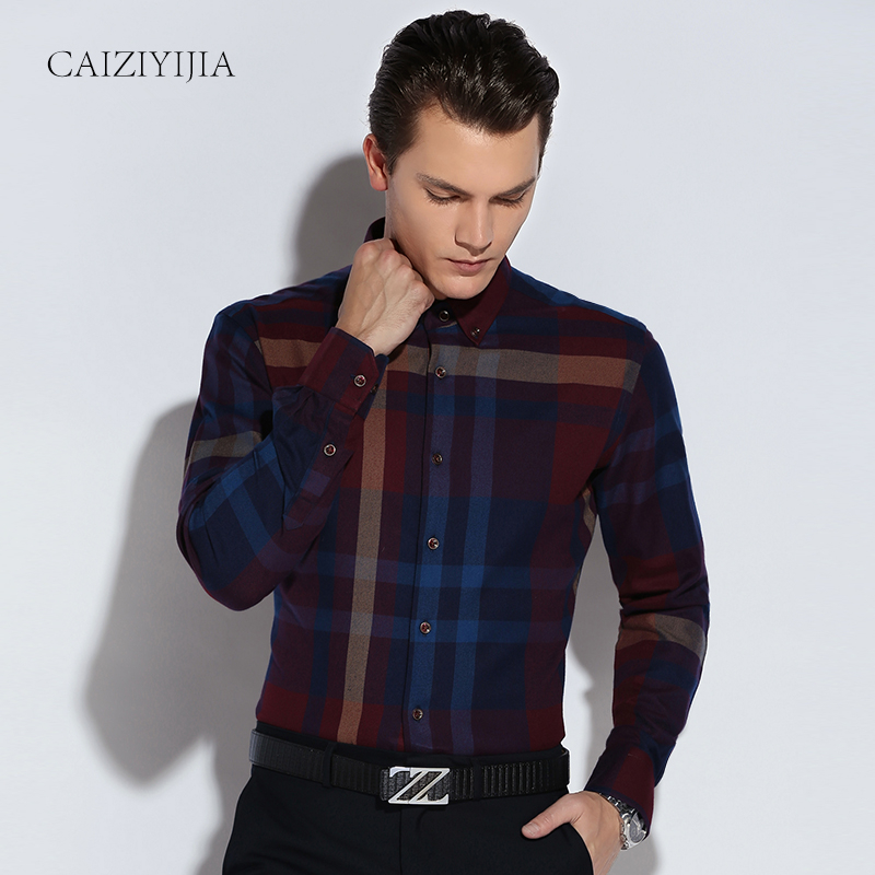 Mens 2015 Winter Long Sleeve Flannel Plaid Shirts Thick Square Collar Button-Down 100% Cotton Business Casual Slim Fit Shirt Men