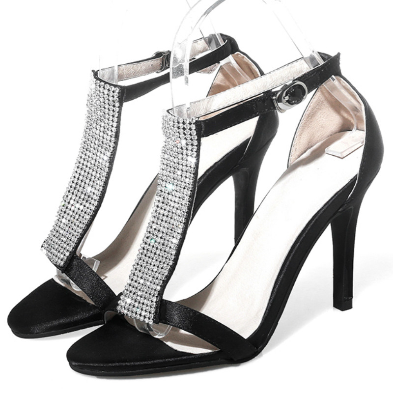 Фотография top brand design 8 cm thin high heels women sexy sandals 2016 black pink resin stones T strap fashion ladies sexy party shoes