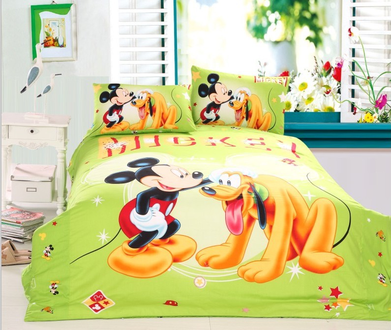 Mickey dog cartoon bedding set green yellow cotton bed in a bag single ...