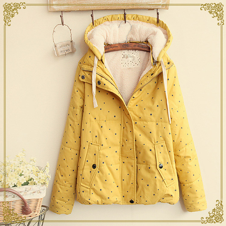 Pentagram Print detachable cap Coat women Zipper Hooded jacket winter Fashion Slim woman cotton clothes Add