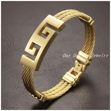 Highly Polished 316L Stainless Steel Yellow Gold Plated Men’s Women’s Cable Wire Jewelry Unisex Bracelet Bangle 7.7″ 15mm