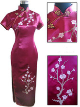Top Sale Burgundy Chinese Female Silk Cheongsam Long Slim Qipao Top Embroidery Flower Senior Dress Size S M L XL XXL XXXL S039-E