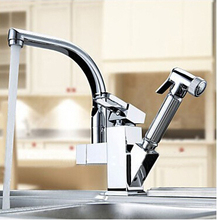 fashion high quality brass single lever hot and cold kitchen sink faucet with pull out shower head with double using