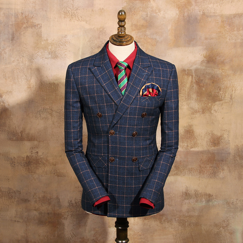 Royal Blue Mens Slim Fit Double Breasted Suit Plaid Yellow Tuxedo