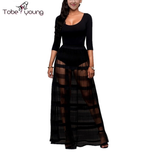 2016 Новый Bodycon 3/4 Рукав Трико Короткие Комбинезон с Макси длинные Полосы Сетки Плиссированные Юбки 2 шт. Набор Комбинезоны Топ Блузка клуб