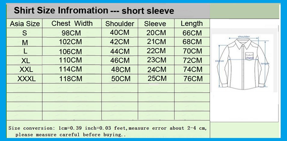 Men Shirt short sleeve Size Chart