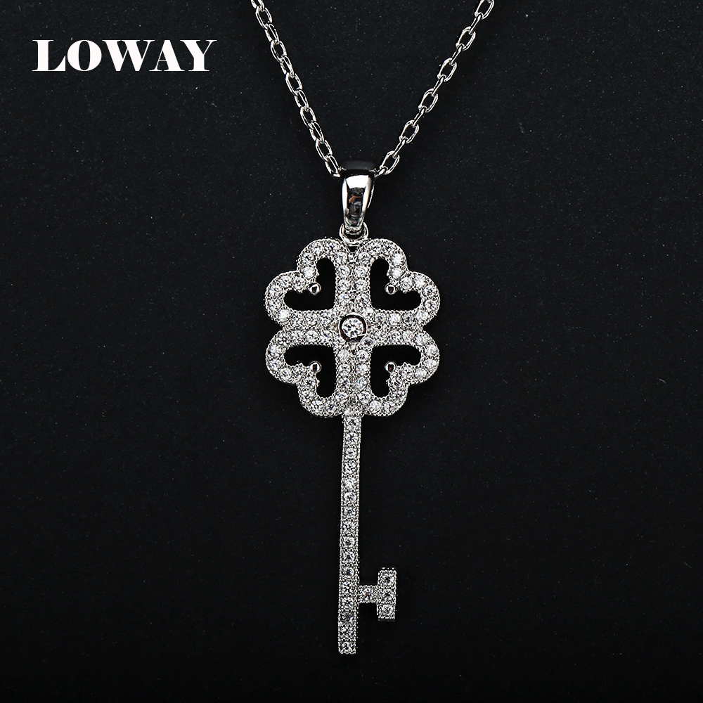 LOWAY Luxury Platinum Plated Trendy Key Design With Tiny Cubic Zirconia Pendant Necklace Fine Jewelry For
