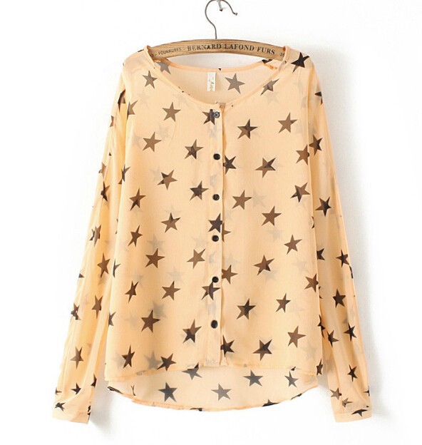 2015 summer women\'s o-neck T-shirt covered in new five-pointed star printed blouse free shipping perspective (4)