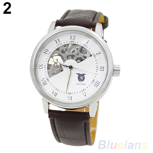 Men Mechanical Skeleton Dial Stainless Steel Case Faux Leather Band WristWatches 2KJ8