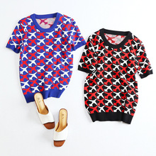 2016 Autumn Novelty Knitted O-neck Short Sleeve Airplane Plain Print Pullovers Short Sweaters Blue High Quality D669