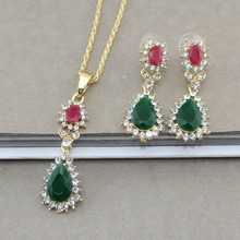 Vintage Turkish Jewelry Sets Green Flower Pendant Antique Gold Plated Necklace Earrings Set 18K carat gold wedding jewelry set