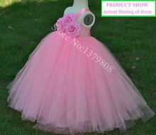 Free shipping Handmade pink tulle three corsages one-shoulder floor-long girl tutu dress children wedding dress