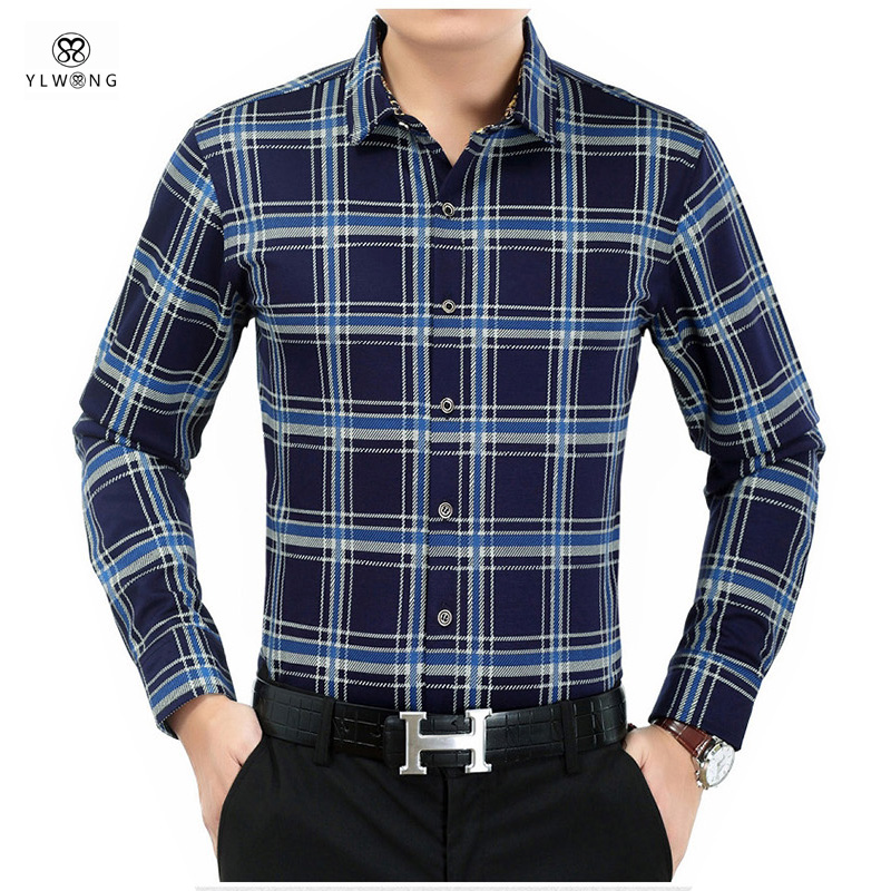 YLWONG Luxury Brand Mens Dress Shirts Flannel Full Sleeve font b Tartan b font Shirt Plaid