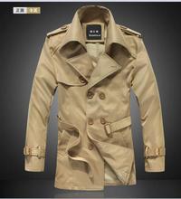 New Arrival Men Long Trench Coat Turn Down Collar Double Breasted Belt Free Shipping 2014 Fashion Casual Men Trench Coat F120