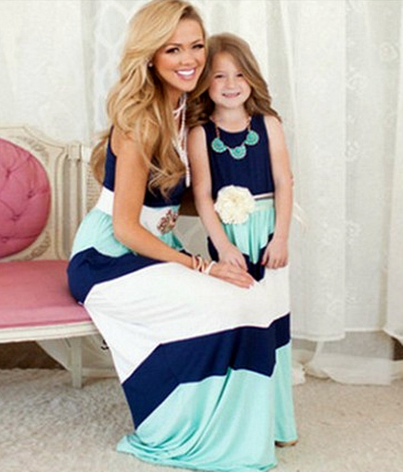 2016 Summer Bohemian TopTank Striped Patchwork Matching Mother Daughter Dresses Women Girl Boho Beach Maxi Dress