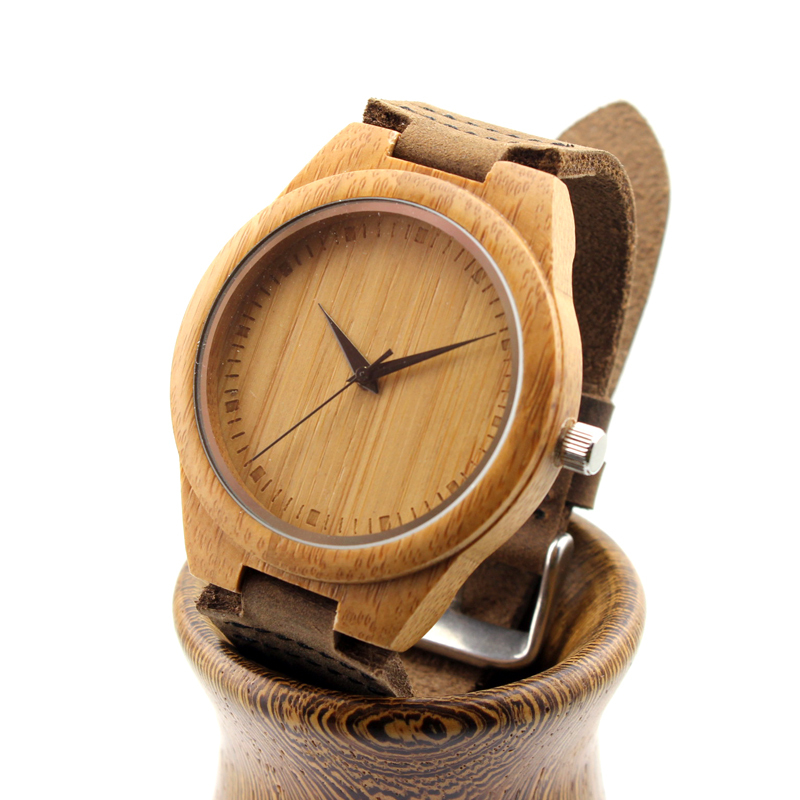 Unique Lover Natural Bamboo Wood Casual Quartz Watches Classic Style With Real Leather Strap In Gift