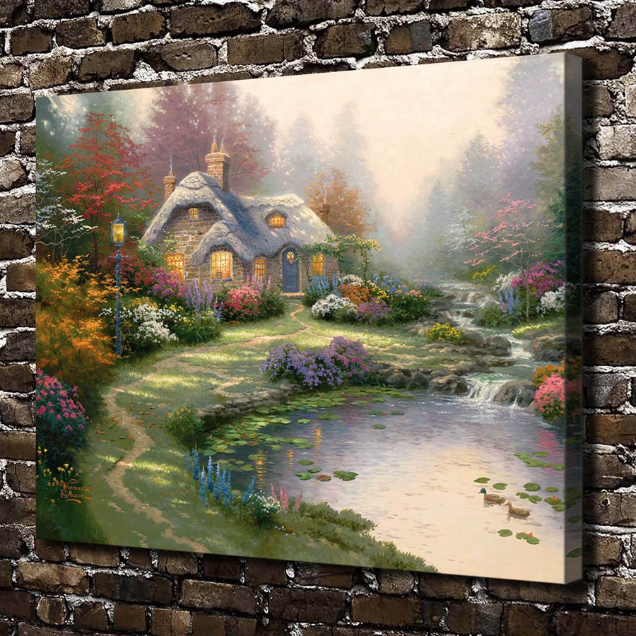 H1272 Thomas Kinkade Everett Cottage Scenery, HD Canvas Print Home decoration Living Room Bedroom Wall pictures Art painting