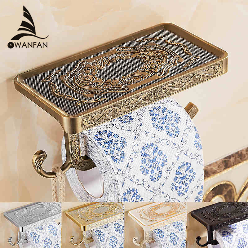 Wholesale And Retail Antique Carving Toilet Roll Paper Rack wiht Phone Shelf Wall Mounted Bathroom Paper Holder And hook ST-1018