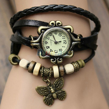 Retro Butterfly Leaf Fashion leather Bracelet Water Quartz Hand Clock Women Wrist Watch Wristwatch 1HHB