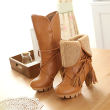 2016 New Fashion Women Warm Snow Boots winter women riding boots female high heels thick heel women’s boots lace up high boots