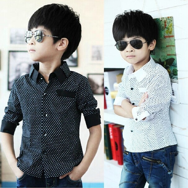 2015 NEW polka dot design long sleeve boys shirts spring fall turn down collar children shirt