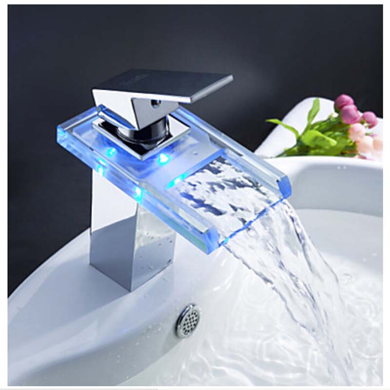 Free Shipping Wholesale And Retail Polished Chrome LED Waterfall Spout Bathroom Basin Faucet Modern Square Sink Mixer Tap