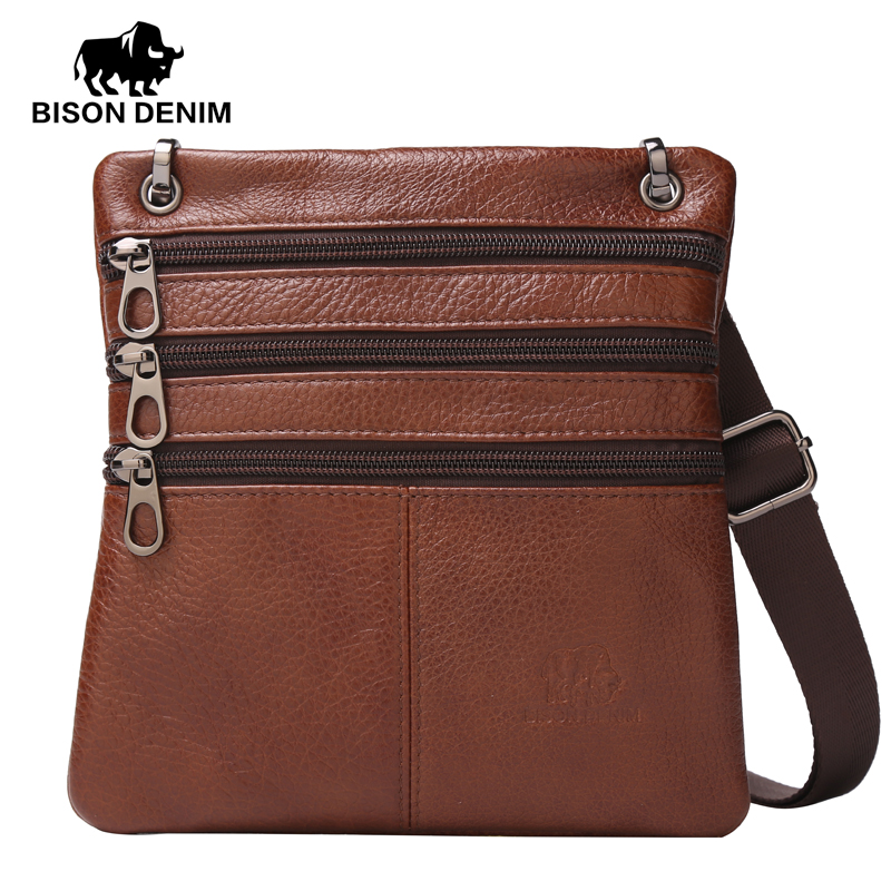 BISON DENIM Brand Genuine Leather Crossbody Bag for men Thin silm Vintage Messenger Bag ...