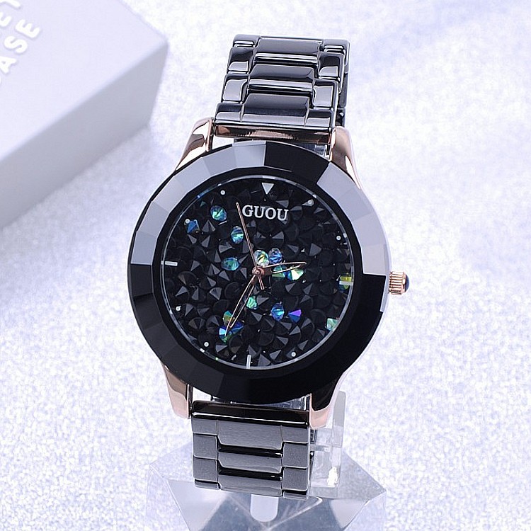 GUOU Brand Black Stainless Steel font b Watch b font Really High Quality Fashion Personality Rhinestone