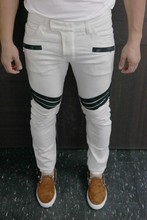 Free shipping Men’s Biker Jeans Jeans Stripe Spliced Slim Low 2016 New Men Balmai Stylish And Cloth Stitching Stretch Locomotive