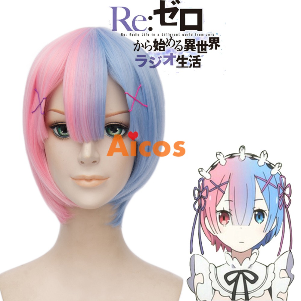 Re:Life in a different world from zero <b>Rem Ram</b> Cosplay Wigs Short Blue Mix ... - Re-Life-in-a-different-world-from-zero-Rem-Ram-Cosplay-Wigs-Short-Blue-Mix-Pink