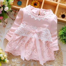 2016 Spring Long Sleeve Lace Bow Baby Party Birthday girls kids Children Cotton dresses, princess infant Dress Vestido S2725