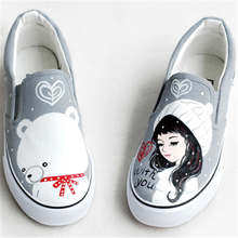 2016 Canvas wrapping shoes women shoes foot painted custom hand – gray bear girl flat flat shoes comfortable cow muscle graphite