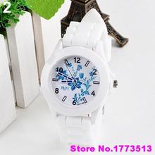 Más nuevas mujeres de ginebra flores impreso blanco banda de silicona analógico de pulsera de cuarzo WatchPopular producto 4KNY