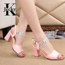 New Arrival Women Shoes PU Women Med Heels Sandals Rhinestone Summer Fashion Sandals Peep Toe Ladies Ankle Strap Sandals C012