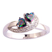 Exquisite Double Heart Lover Jewelry Colorful Rainbow Sapphire 925 Silver Ring Size 6 7 8 9 10 Wholesale Free Shipping