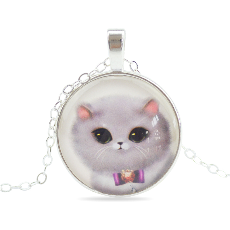 Fashion Jewelry Sweet Cat Glass Cabochon Pendants Necklaces Handmade Silver Plated Chain Necklaces