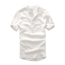 Asian Fashion Men’s Pullover Shirt Half Sleeve Linen Shirts Collarless Shirt Slim Fit Breathable Chemise Homme White Light Blue