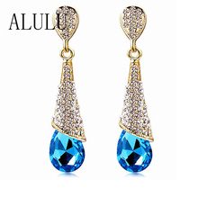 Fashion Brand Alloy 18K Gold Plated Statement Austria Blue Crystal Long Earrings Rhinestone Water Drop Elegant Earring Jewelry