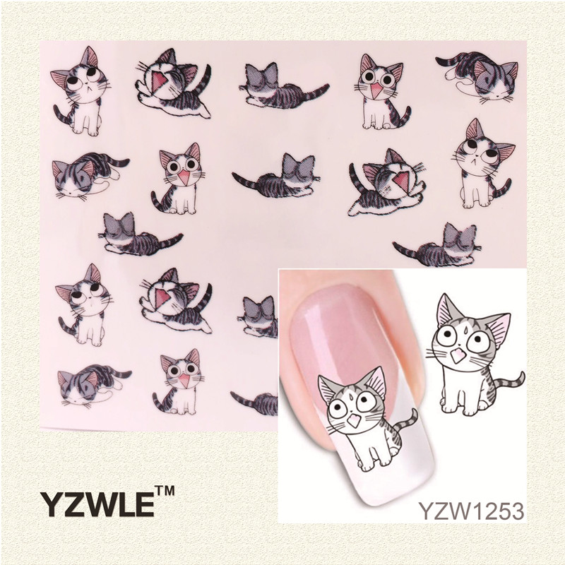 YZWLE 1 Лист Nail Art Water Transfer Наклейки Наклейки Милые Кошки Новые Наклейки Украшения Watermark Инструменты для Полировки