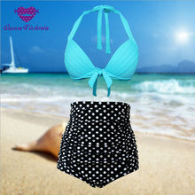 USA HOT Bikinis sets Retro Plus Size S-XXXL Halter Blue Padded Bra&White Polka High Waist Bottom Sexy Swimsuits Vibrant Vintage