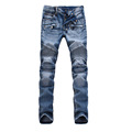 2016 Fashion Men s Slim Stratch Distressed Jeans Runway Biker Motorcycle Jeans MidWaist Acid Jeans Trousers