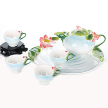 Enamel Porcelain Fashion Cute Tea Mugs Creative Hand Painted Green& Red Lotus Flowers Tea Cup Sets Coffee Set Decorative Teapots