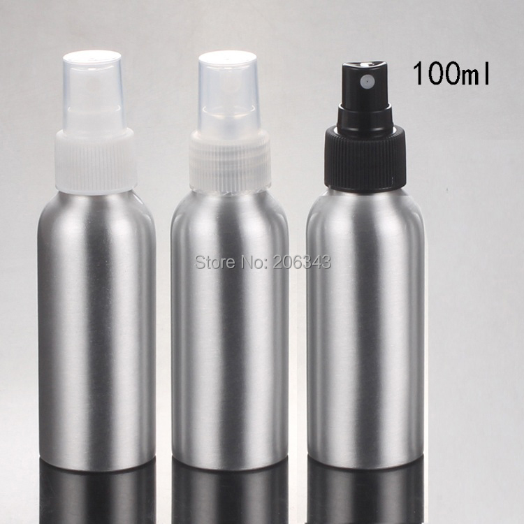 100pcs 100ml Aluminium bottle metal bottle  with white/transparent/black sprayer pump